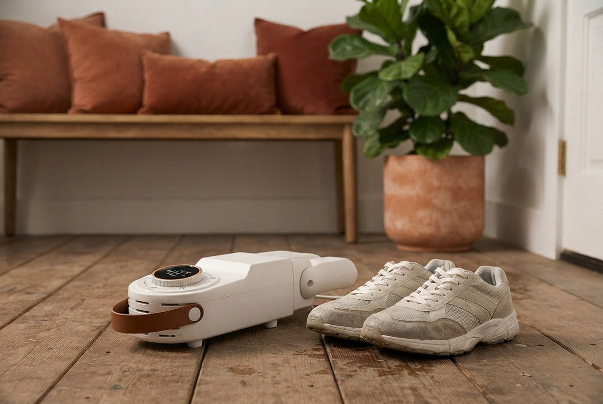 A foldable shoe dryer sits on a wooden floor next to damp sneakers in a cozy, sunlit entryway with terracotta accents.